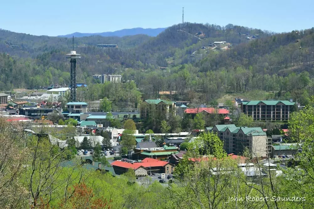 Aerial photo of Gatlinburg TN showcasing the beautiful Smoky Mountains and the Gatlinburg Space Needle