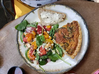 spinach and mushroom quiche with strawberry spinach salad from The Pottery House Cafe in Pigeon Forge